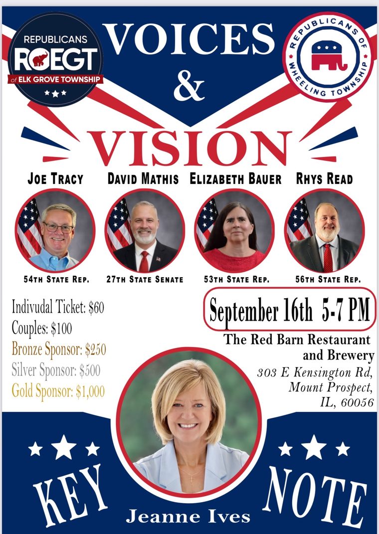 Voices & Vision fundraiser flyer — September 16, 5 to 7 PM at The Red Barn Restaurant and Brewery, Mount Prospect. Keynote Jeanne Ives. Candidates Joe Tracy, David Mathis, Elizabeth Bauer, and Rhys Read.